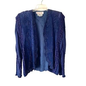 Vintage Marshall Rousso Las Vegas Blue Suede Beaded Embellished Cardigan Sweater